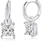 MDFUN 18K White Gold Plated Dangle Earrings - Square Cut Clear Cubic Zirconia Drop Earrings for Women - Hypoallergenic Jewelry Gift