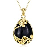 YAFEINI Black Onyx Necklace for Women Sterling Silver 18K Yellow Gold Plated Black Filigree Boho Teardrop Pendant Necklace Jewelry Gifts for Girls