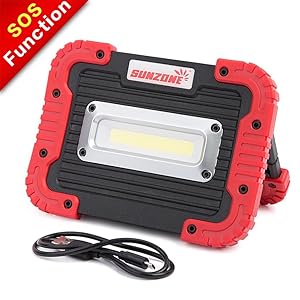 SUNZONE Portable LED COB Work Light,Outdoor Waterproof Flood Lights, for Camping,Hiking,Car Repairing,Workshop,Construction Site,Builtin Rechargeable Battery Power Bank and SOS Emergency Mode (Red)