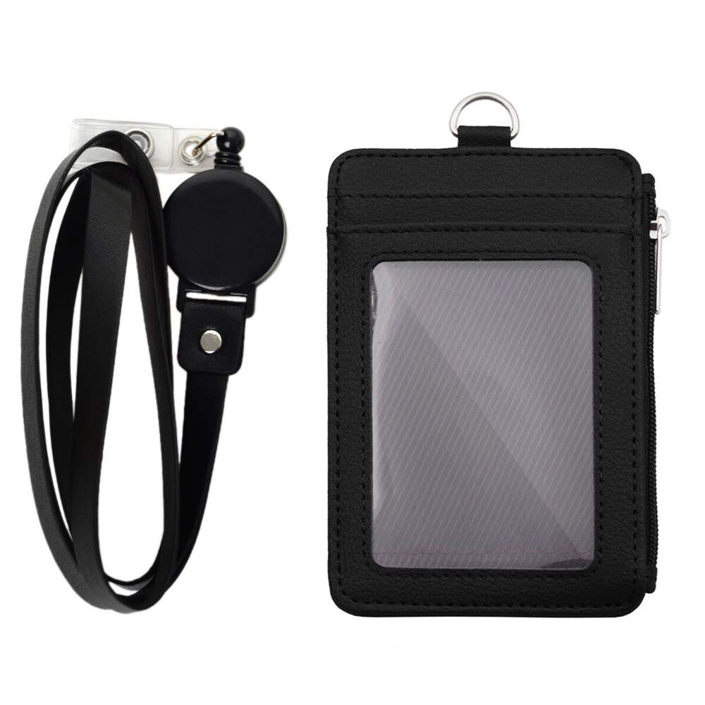 Badge Holder with Zipper, ID Card Holder Wallet with 5 Card Slots, 1 Side Pocket and 20" Retractable Neck Lanyard-Black
