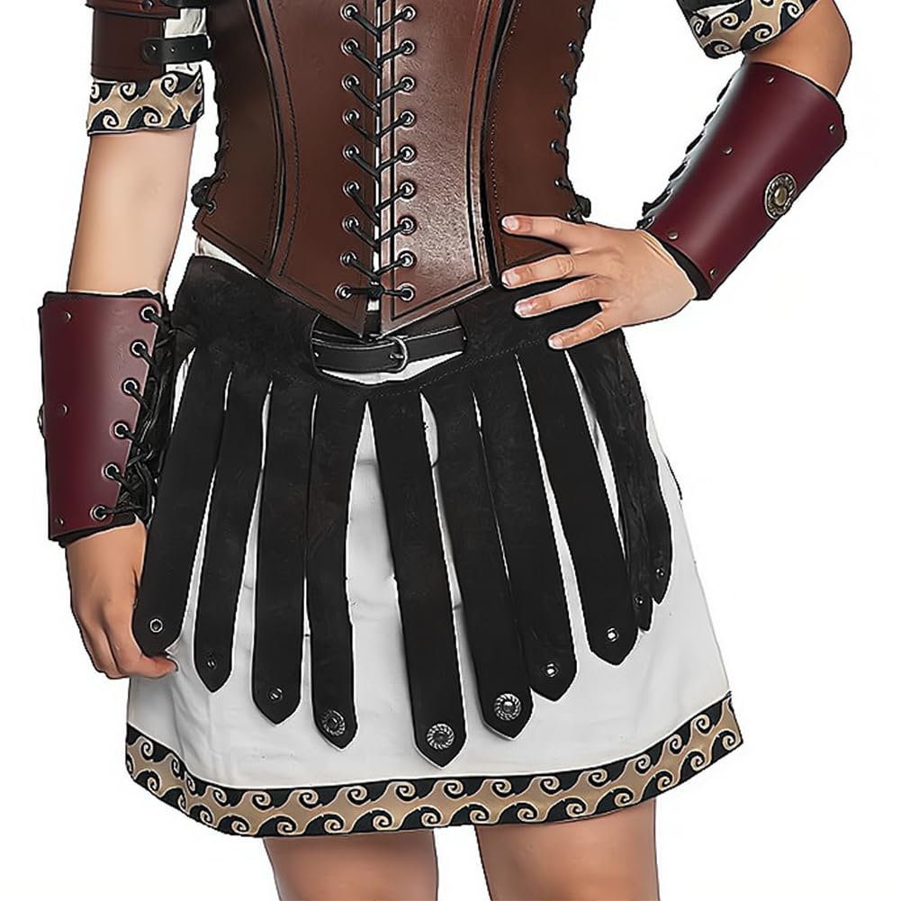 IBLUELOVER Medieval Knight Armor Skirt Viking PU Leather Tassel Skirt Roman Gladiator Retro Scottish Kilt Warrior Soldier Halloween Gothic Costume with Adjustable Belt Renaissance Accessories Black