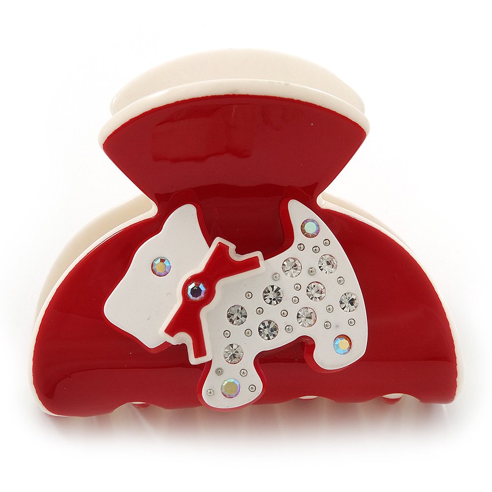 Red, White Acrylic Crystal 'Dog' Hair Claw - 60mm Width