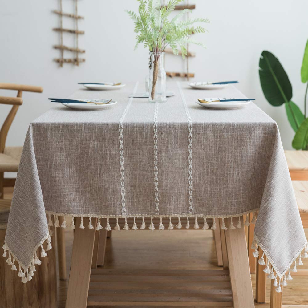 JaeMoose Tablecloth Tassel Cotton Linen Elegant Reusable Decorations Tablecloth Washable Kitchen Table Cover for Dining Table (Coffee, 140 x 180 cm)