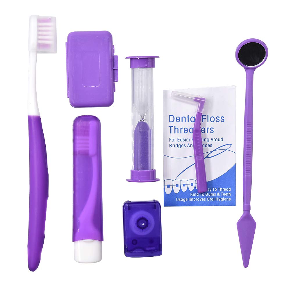 Angzhili Orthodontic Care Kit - 8 PCS Box-Packed V-Toothbrush, Waxing Travel Toothbrush, Floss Spool, Mouth Mirror, Gap Brush, Floss Threaders for Enhanced Dental Health (Purple)