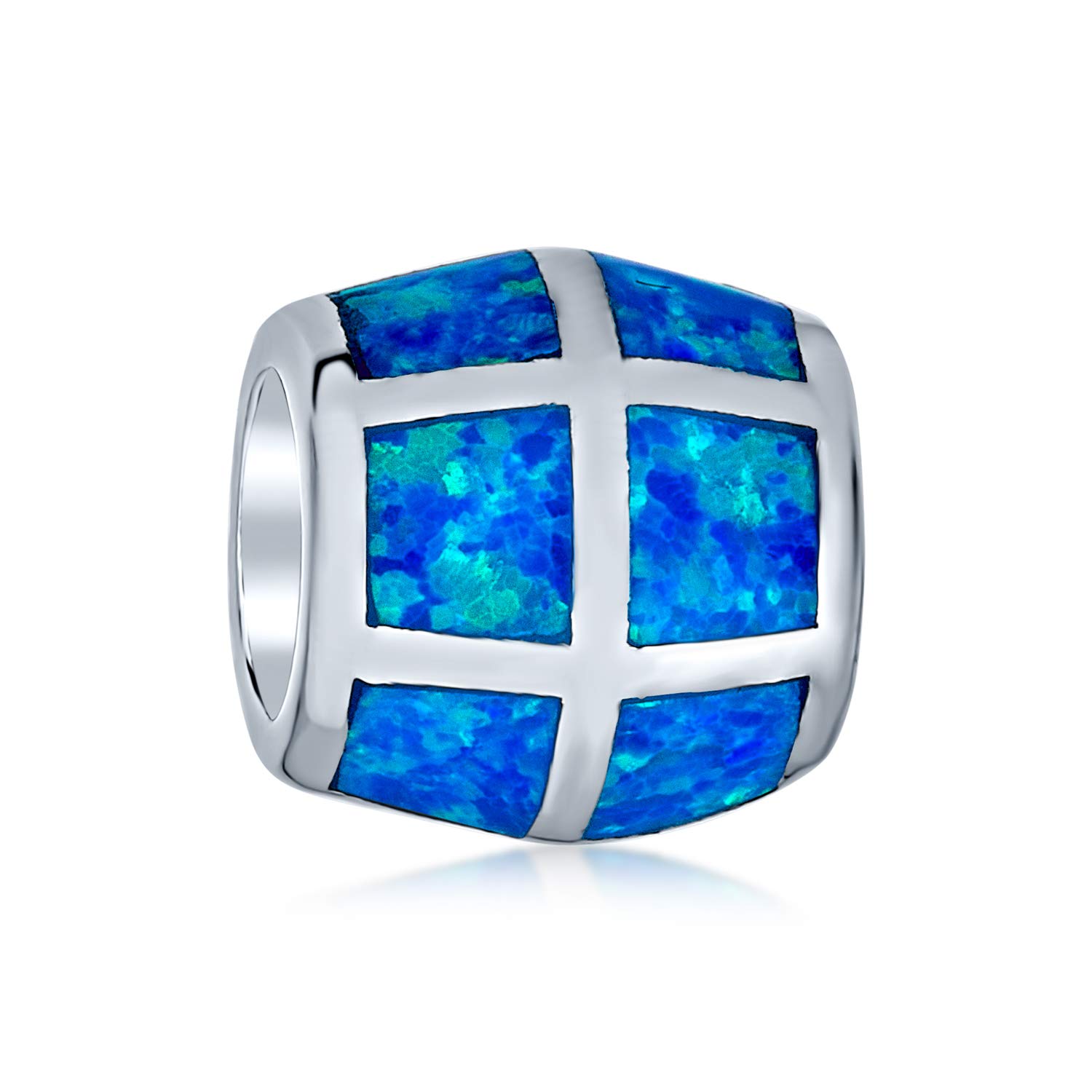 Bling Jewelry Aqua Created Blue Opal Inlay Barrel Charm Bead For Women For Teen .925 Sterling Silver Fits European Bracelet