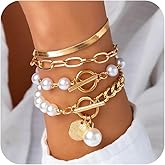 LANWLOSI Layered Gold Pearl Bracelets for Women Chunky Stacked Paperclip Chain Pearl Herringbone Toggle Clasp Bracelets Trendy Gold Statement Jewelry Gifts for Her