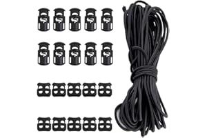 20 Pcs Plastic Cord Locks kit Elastic Bungee Nylon Shock Cord 1/8" 50 ft Lengths, DaKuan 10 Pcs Sing-Hole, 10 pcs Double-Hole (Black) End Spring Toggle Stopper Slider with Crafting Stretch String