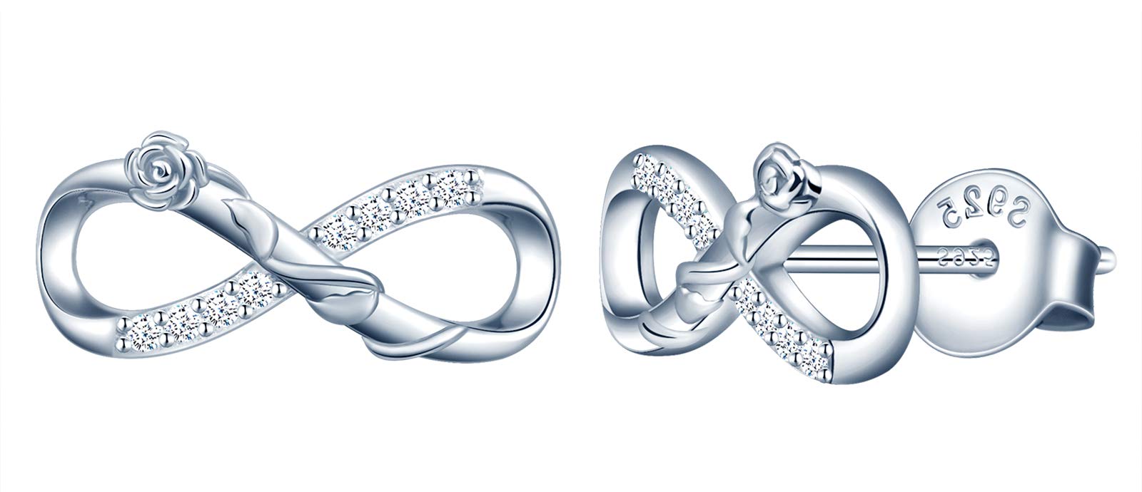 MicLee Woman's girl's Earrings studs, 925 Sterling silver rose earrings, Mini infinity symbol earrings studs, Inlaid zircon, silver