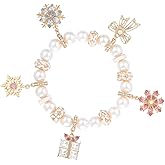 Madison Tyler Christmas Bracelet for Women | Xmas Adjustable Snake Chain Bracelet | Peppermint Candy Cane Gingerbread Man Bow Gloves Socks Charm Pearl Beaded Bracelet Holiday
