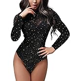 SEBOWEL Women Rhinestone Sparkly Bodysuits Sexy Studded Sheer Mesh Long Sleeve Bodysuit See Through Club Rompers Top