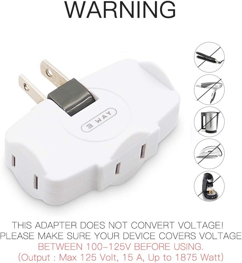 SYCON 3 Way Wall Outlet Extender AC Adapter, 2-Prong Swivel Mini Indoor Wall Tap Power Outlet Extender Plug, White - - 