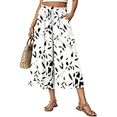 Anyhold Women's Capri Palazzo Pants High Waisted Wide Leg Adjustable Drawstring Loose Fit Summer Beach Pants Pockets