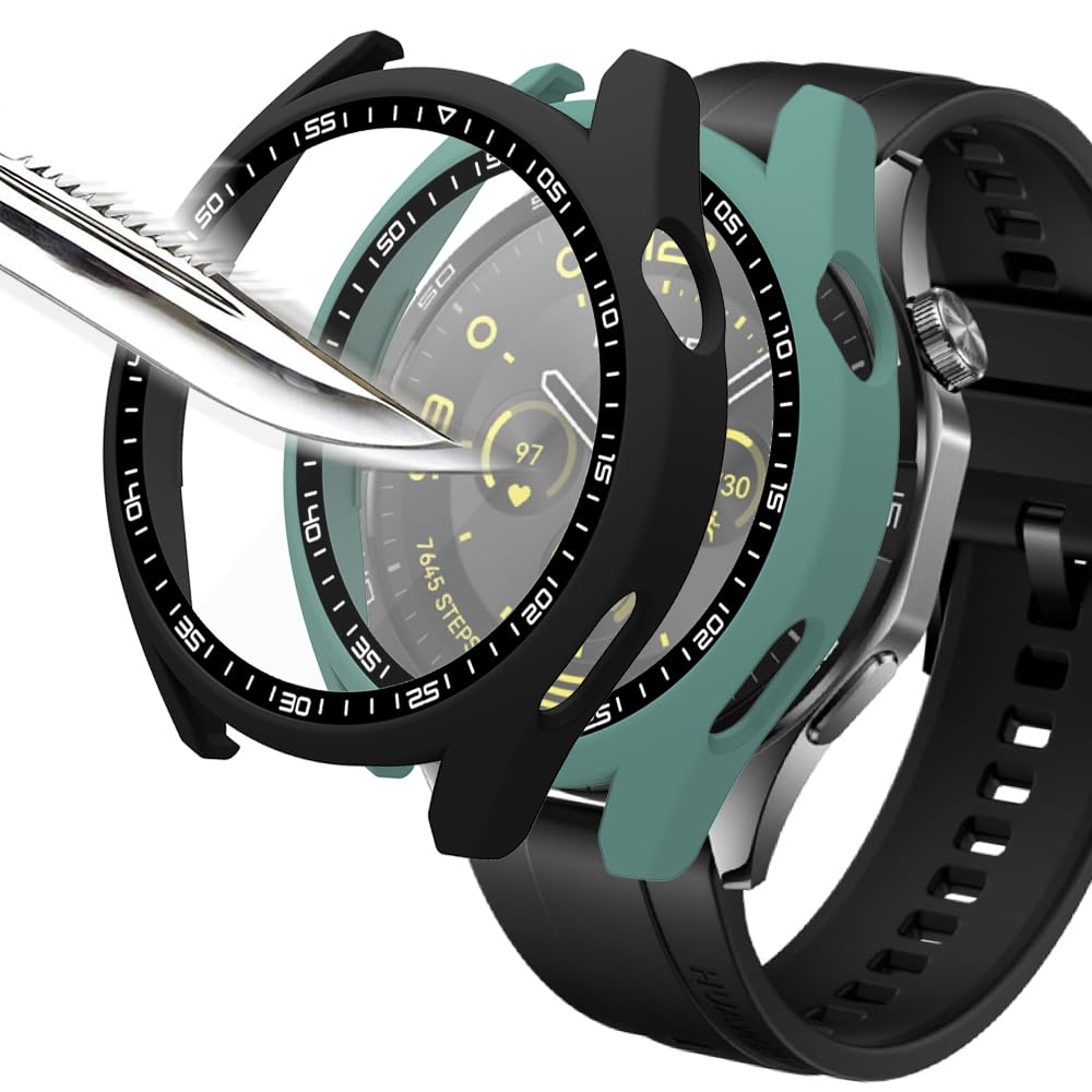 Msiall With Tempered Glass Screen Protector Protective Case Compatible with Huawei Watch GT 4 46 mm, Hard PC All-Round Screen Protector Ultra Thin Bubble-Free Against Scratches Protective Case Green