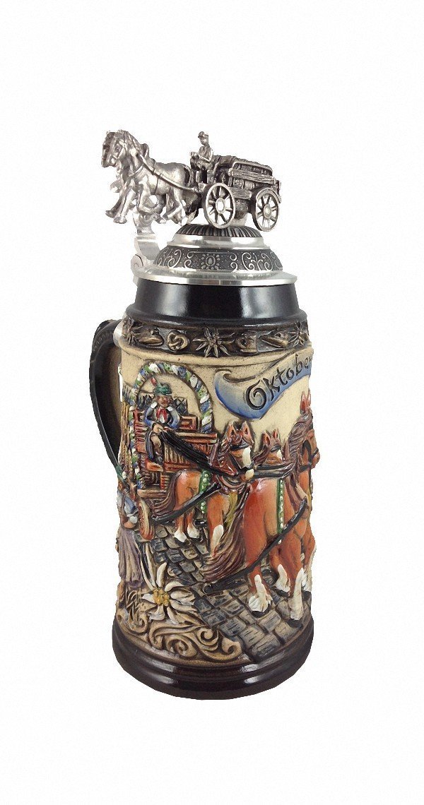 Zöller & Born German Beer Stein Beerwaggonlid Relief Stein 1 Liter tankard, Beer Mug ZO 1915/9013