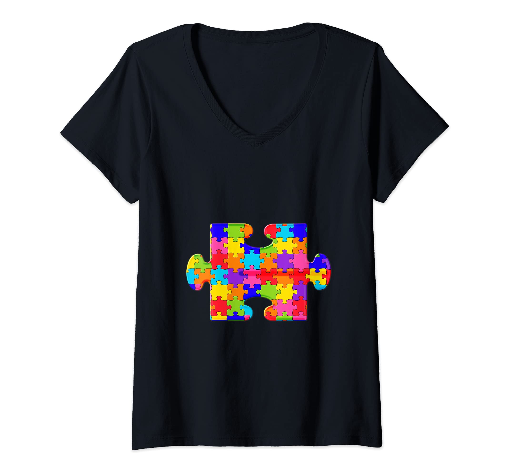Womens Jigsaw Puzzle Piece Jigsaw Autism Puzzle V-Neck T-Shirt