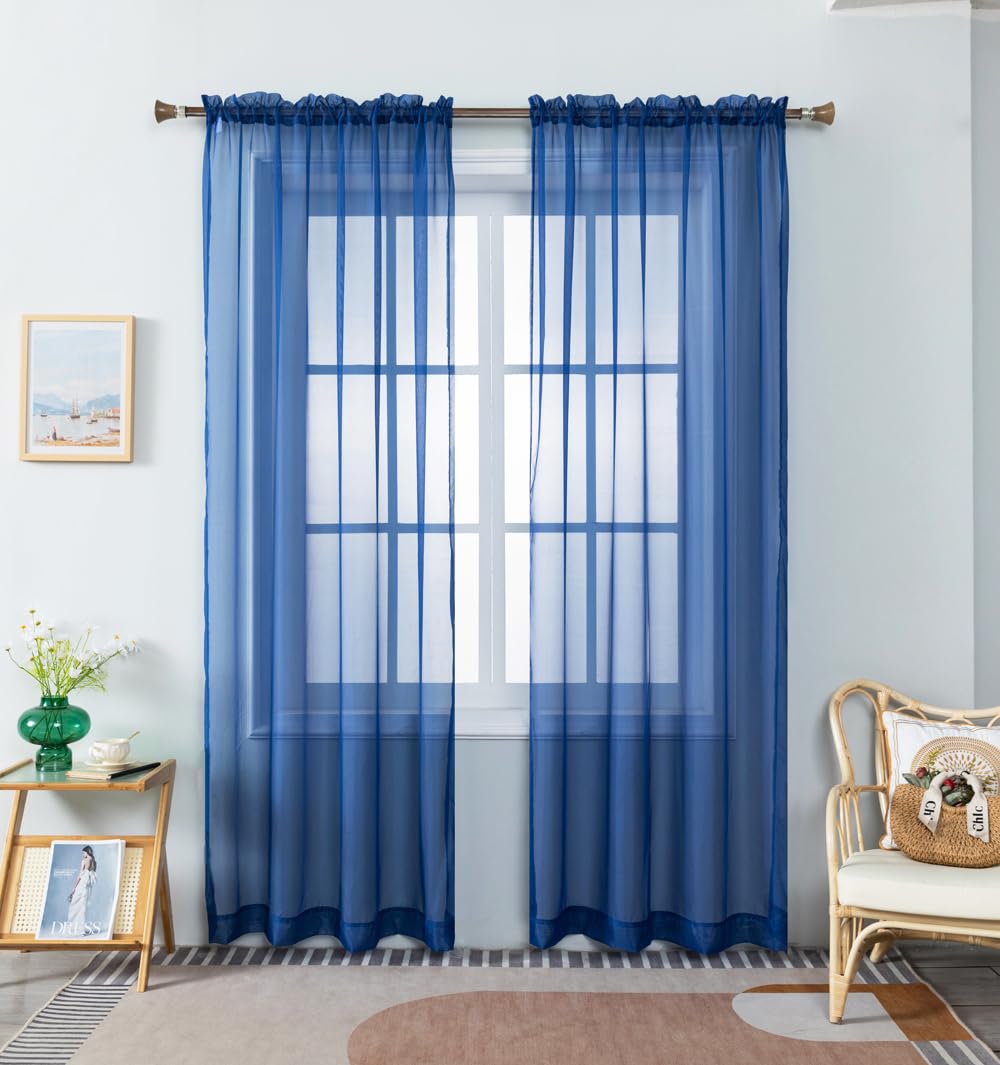 WPM Royal Blue Color Sheer Curtains 58" Wide x 84" Long 2 Panels Livingroom Window Treatment Rod Pocket Sheer Voile for Bedroom, Kitchen, Childrens Room Fully Stitched and Hemmed