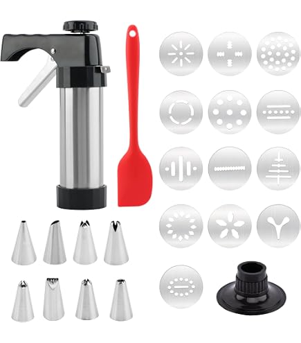 QWORK Edelstahl Kekspresse Mit 13 Formen & 8 Spritztüllen - Ergonomisches Back-Set