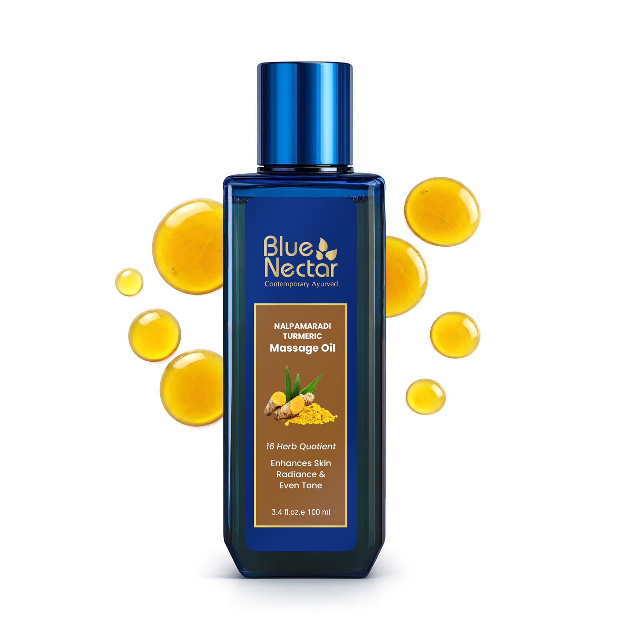 Blue Nectar Nalpamaradi Tailam Skin Radiance Oil with Turmeric | Plant Based Body Oil and Face Oil Infused with Turmeric, Amla and Manjistha (16 Herbs, 100 ml)