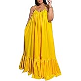 Sriswel Womens Sexy Sleeveless Spaghetti Strap Dress Ruched Ruffle Hem Beach Loose Long Maxi Swing Dress Plus Size