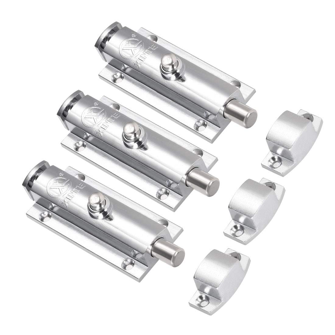 sourcing map Door Flush Bolt, 4-inch Zinc Alloy Security Sliding Barrel Latch Lock with Spring Switch, 3 Pcs (Nickel Plated)