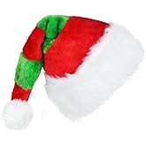 JOFONY Santa Hat for Adults,Unisex Velvet Classic Red And Green Santa Elf Hat for Christmas Holiday Party Decoration