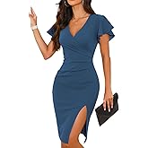 WAYMAKER 2026 Women's Sexy V Neck Faux Wrap Ruffle Sleeve Ruched Bodycon Slit Cocktail Party Wedding Guest Dress
