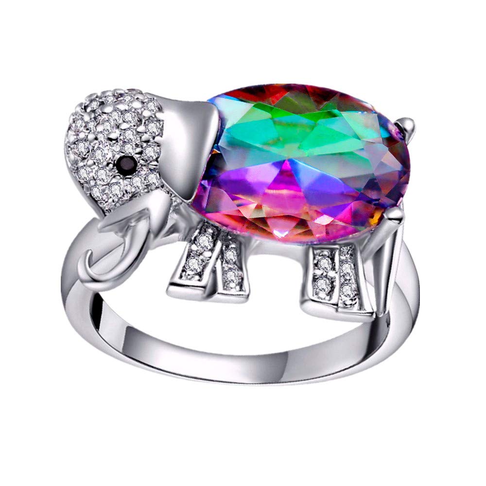 Uloveido Cubic Zirconia Fashion Animal Big Rainbow Mystic Topaz Crystal Rings Elephant Ring Easter Day Gift for Women Party Jewellery J378