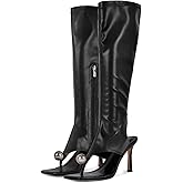 sexytag Women's Square Open Toe Thong Sandals Knee High Pearl Stretch Stiletto Kitten Heels Openback Sandal Boots