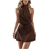 winkbay Women's Tie Back Halter Mini Dress Summer Mock Neck A Line Flowy Layered Club Cocktail Party Dresses