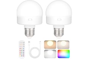 YOCHOICE Rechargeable Battery Operated Light Bulb with Remote Control 2 Packs, 350LM Dimmable Detachable LED Bulb with 15 Colors Selectable & 3 Timer, Wireless Puck Light Bulb for Wall Sconce, Non-Hardwired