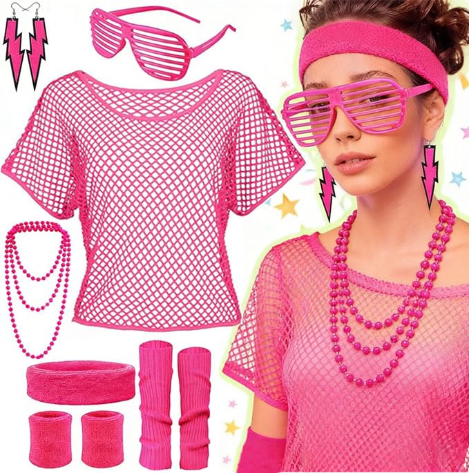90s 80s Fancy Dress for Women 80s Mesh Top Fishnet 80s Neon Accessories Headband Leg Warmer for Women 80s Neon Clothes Costume 90s 80s Party Outfit Disco t Shirts for Girls Night Hen Do (Pink)