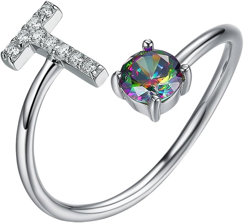 Sterling Silver Ring Alphabet Initial Jewelry Mystic CZ End Open Rings, Letter A to Z