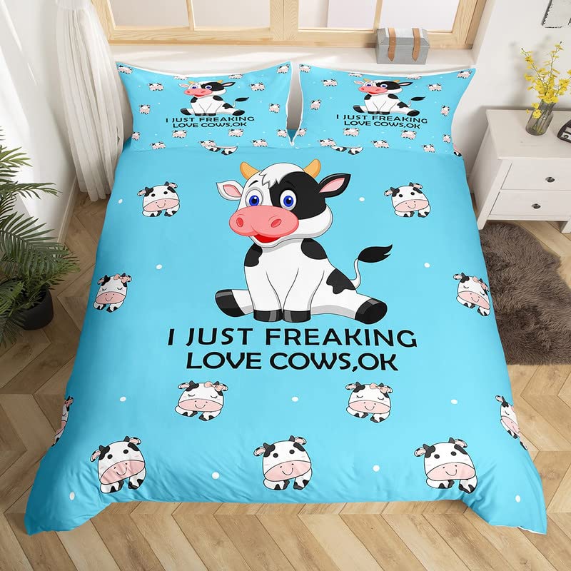 Homemissing Cow Bedding Set Double Size Kids Comforter Cover Set for Boys Girls Cute Farm Cow Aniaml Duvet Cover Breathable Cartoon Milk Cow Blue Bedspread Cover Kid Quilt Cover — image 1
