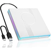 Wbacon External CD/DVD Drive for Laptop, RGB &amp; USB 3.0 Type-C CD DVD Burner | External CD DVD Player +/-RW Optical Disc Drive, Slim CD ROM External Drive for Laptop Desktop PC Windows Mac (White)