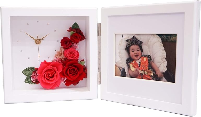 Amazon フォトフレーム付き プリザーブドフラワー時計 花時 ホワイト 名入れなし バラ スワロフスキー使用 無料ギフトラッピング プレゼント ギフト 贈り物に最適 結婚記念日 誕生日 退職 還暦 古希 喜寿 傘寿 米寿 お祝い プリザーブドフラワー オンライン通販