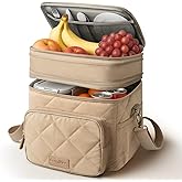 CarryWise Lunch Bag Women Double Layer Lunch Bag Puffer Insulated Lunch Box Waterproof Bottom Large Lunch Box for Women for Work or Travel, Khaki