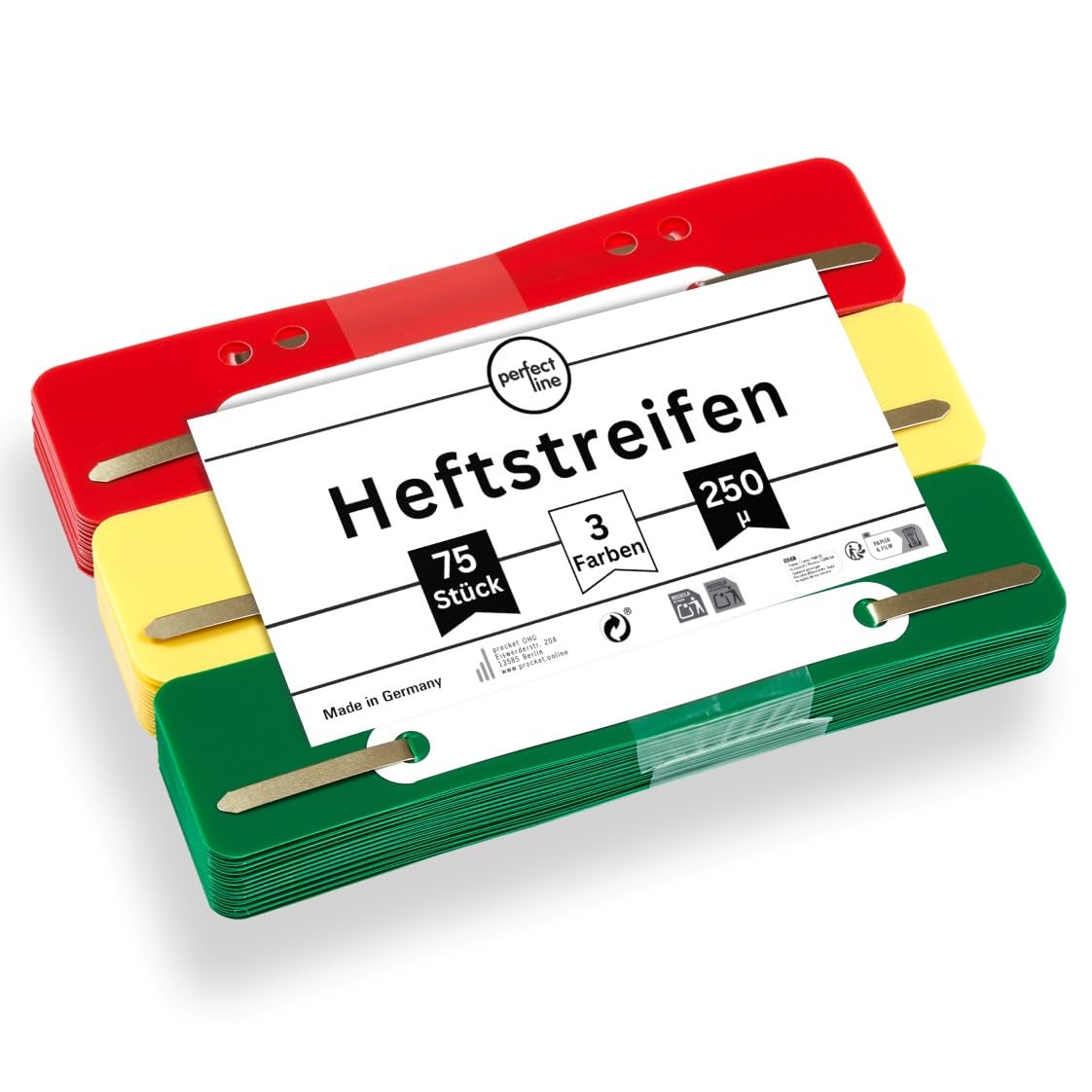 perfect line • 75 Filing Strips (3 x 25 Pieces), Recyclable Plastic, Made in Germany (Green, Yellow, red)