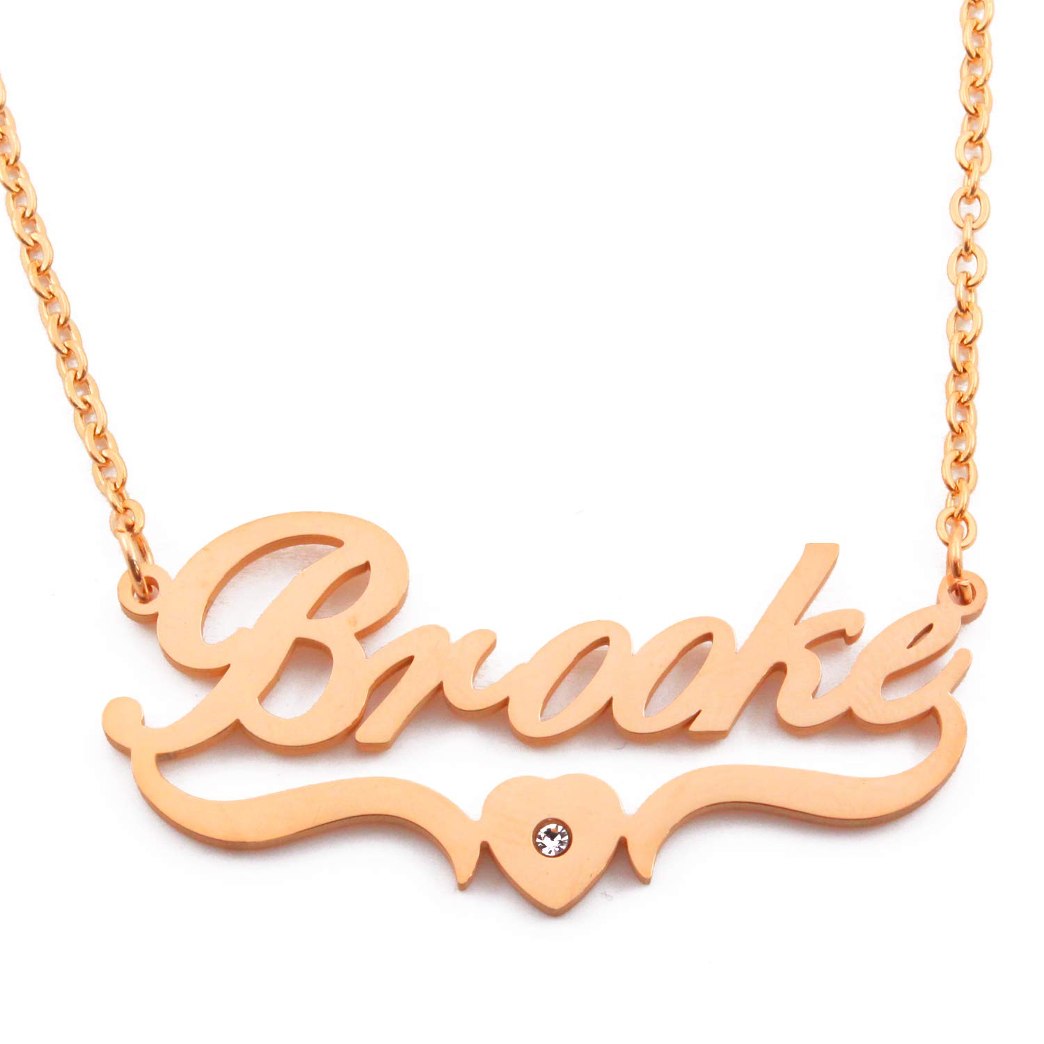 Kigu Brooke Name Necklace Heart Shaped Personalised Gold Plated, Custom Dainty Name Pendants, Jewellery for Ladies, Girlfriend, Mother, Sister, Friends Inc Bag & Box