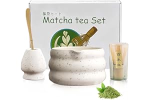cjc 4-Pcs Matcha Whisk Set,Japanese Matcha Set- 18oz Ceramic Matcha Bowl with Spout, Bamboo Whisk (Chasen), Scoop & Holder | 