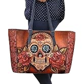 Floral Sugar Skull Skull Gothic Lover Leather Tote Shoulder Bag for Women, Sugar Skull Lover Large Top Zip Tote, Day of the Dead Handbag Top Handle Big Capacity Tassel Handbag, Skull Gift for Girl Friend (Skull, 10.6x15)