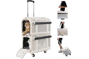 THEYFIRST Double Cat Carrier for 2 Cats with Wheels, 3-in-1 Pet Stroller Removable Carrier Trolley Bags Small Dogs Puppy, Large Pet Rolling Carriers Sof for Travel Trip Backpack Outdoor Portable, Khaki