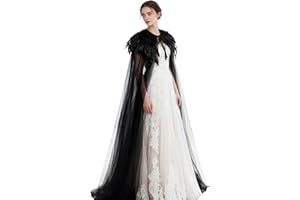 L'VOW Women's Gothic Feather Cloak Gothic Tulle Cape with Feather Collar Vampire Cloak Witches Cape Cosplay Costume