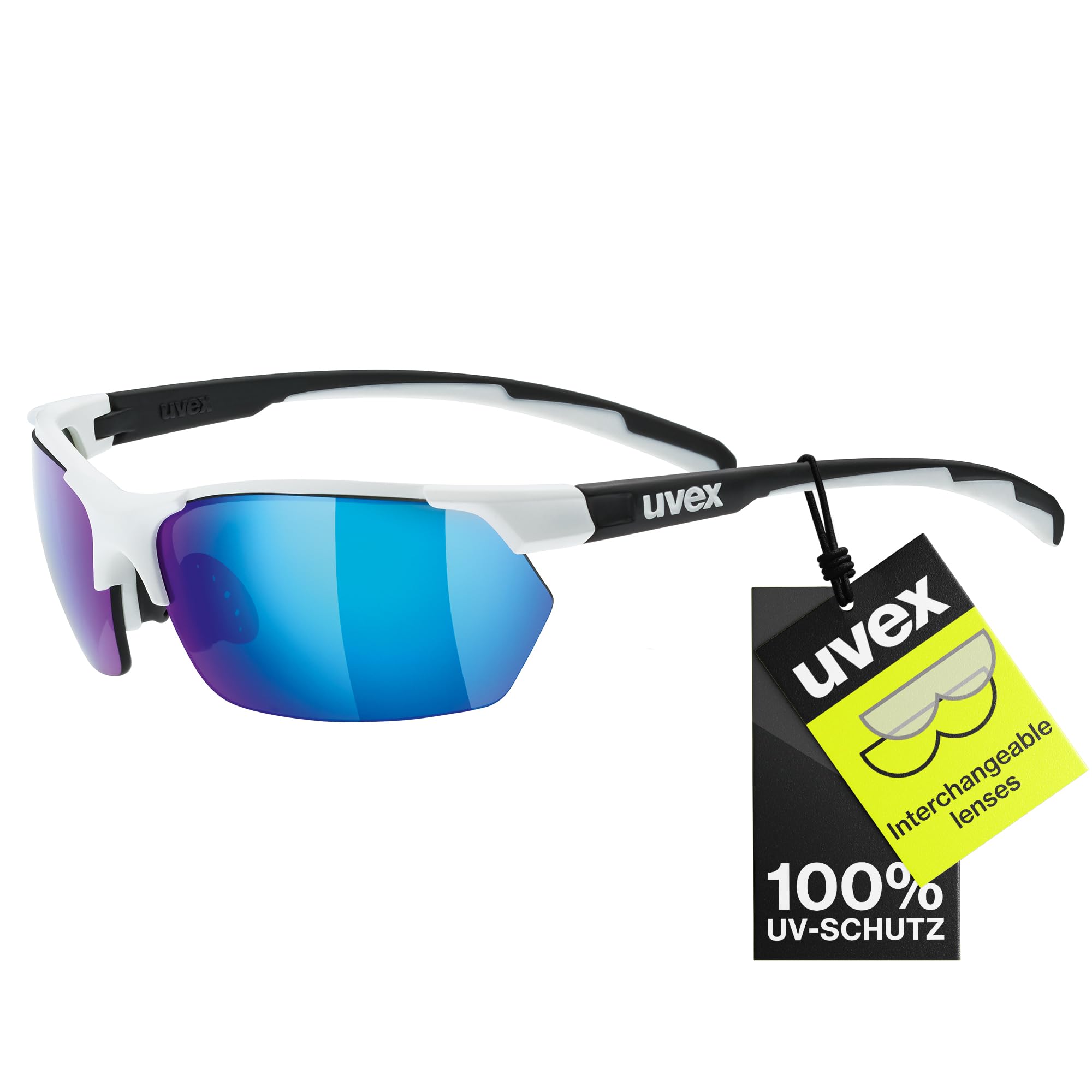 uvex Sportstyle 114 - Outdoor Glasses for Men and Women - Mirrored Lenses - incl. Interchangeable Lenses - White Black Matt/Blue - One Size