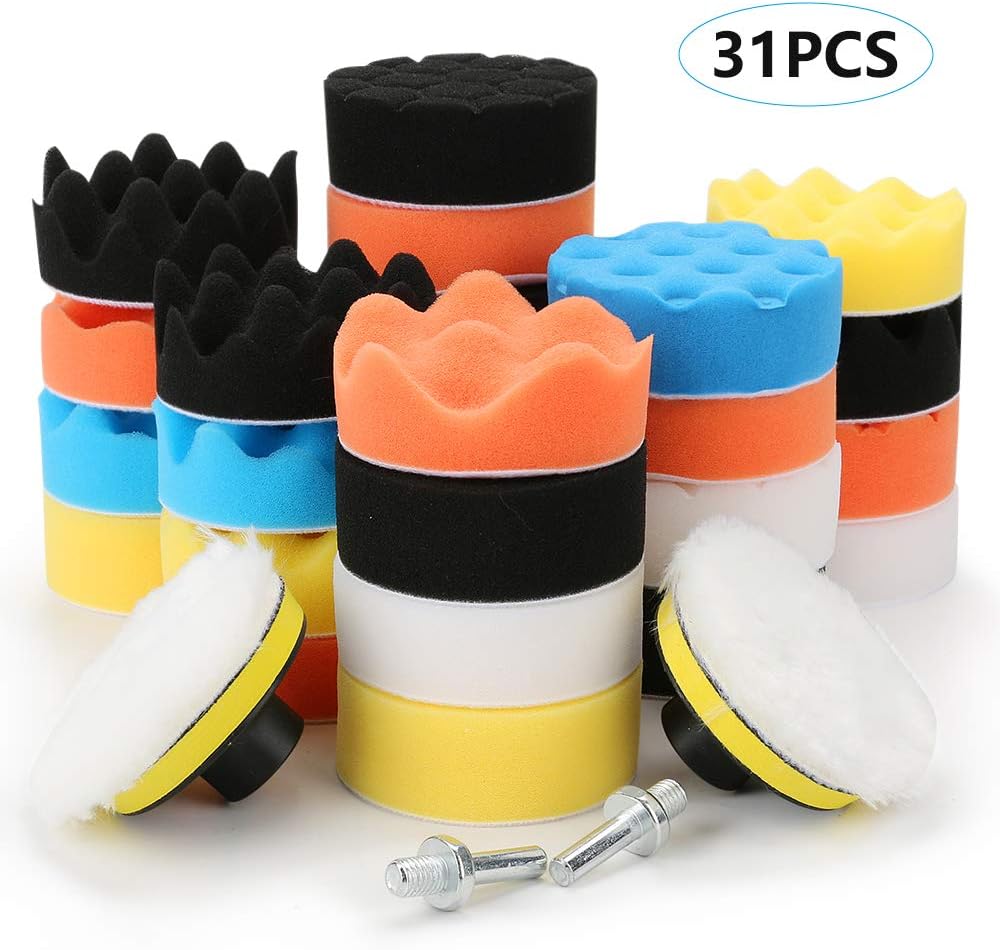 yidenguk Polishing Pads for Drill, 31pcs Sponge Wool Polishing Waxing Buffing Pads Kit for Auto Car Polishers, Polishing Sponge Pads with 2pcs M10 Drill Adapters for Car Polishing, Sanding, Waxing