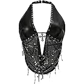 Floerns Women's Plus Size Leather Halter Top Sleeveless Lace Sequin Gothic Grunge Tank Top