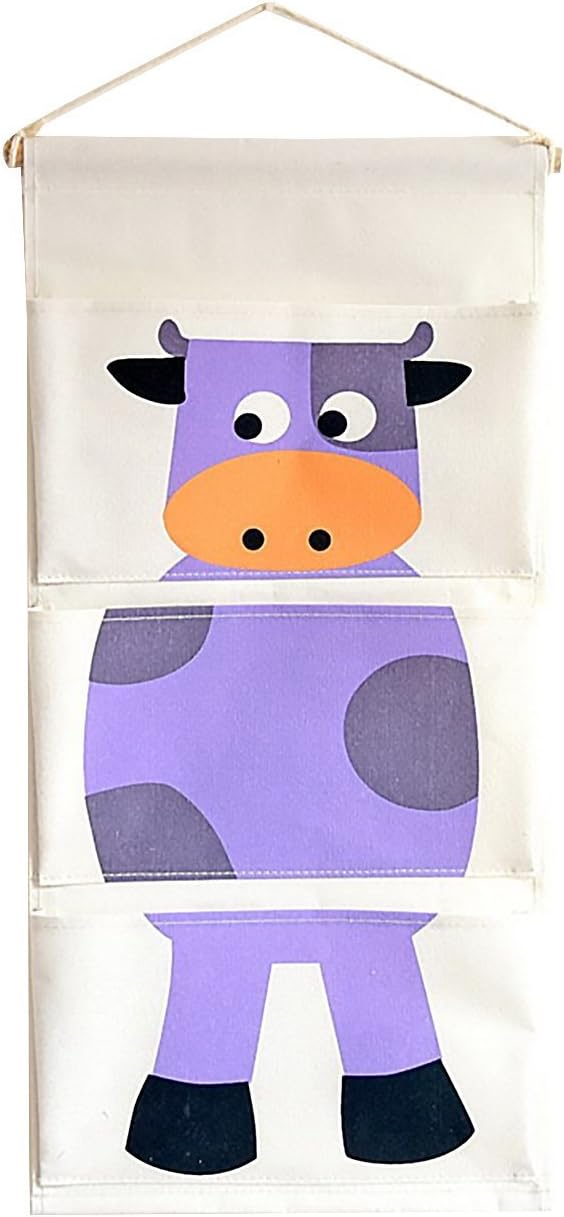 IEVE Cotton Fabric Storage Bag Wall Door Closet Hanging Storage Bag,Hanging Organiser With Pockets,Storage Bag for Children's Bedroom / Door,storage bag organizer (Purple cow)
