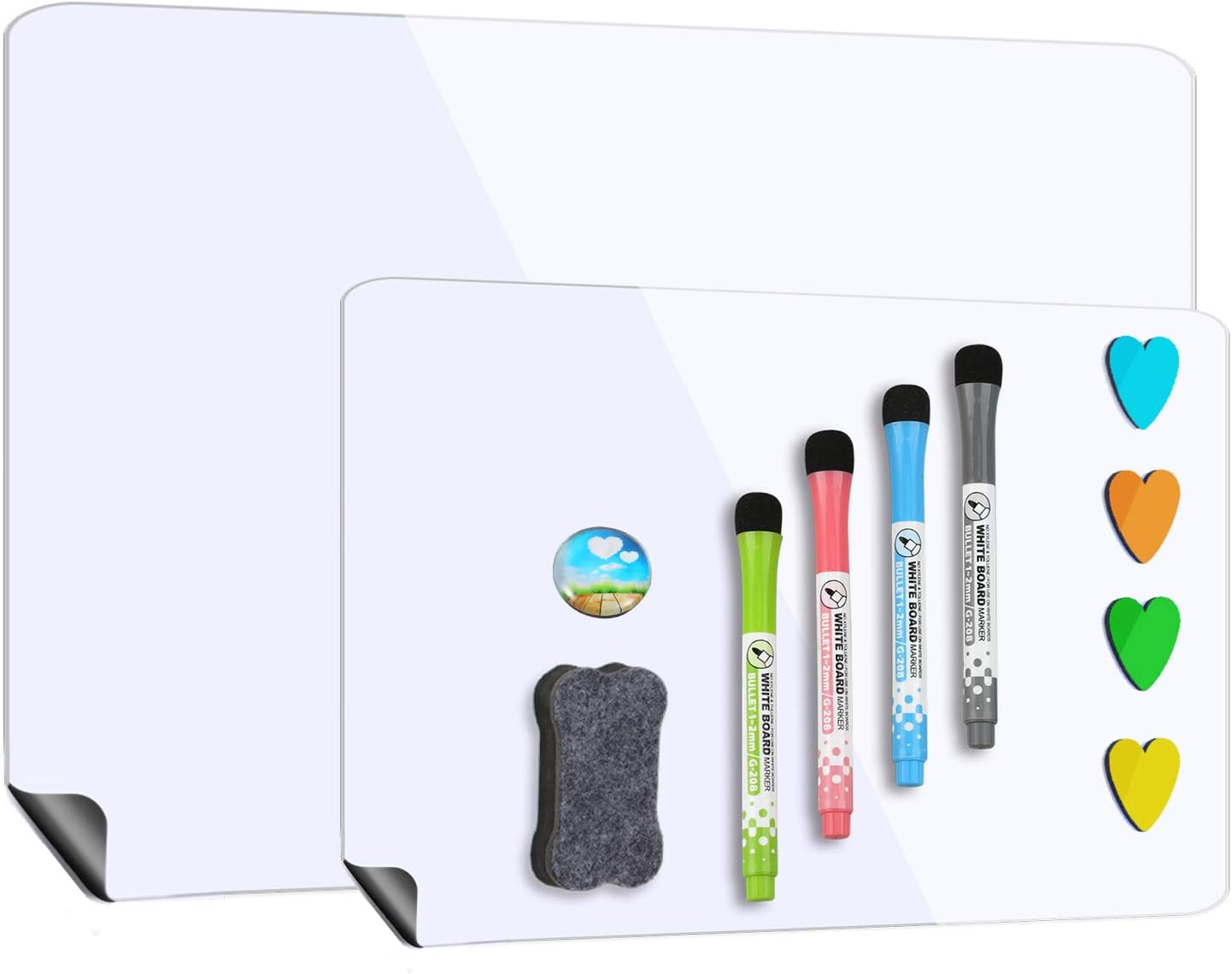 Magnetic Whiteboard for Refrigerator 17''x12'' with Extra Smaller Board 12''x10'', Dry Erase Fridge Whiteboard, 4 Magnetic Markers, 1 Eraser and 4 Hearts Included : Office Products
