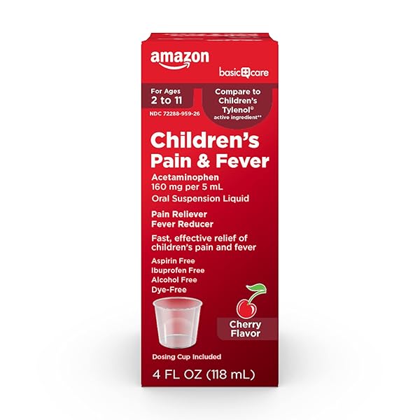 AMAZON BASIC CARE CHILDREN’S PAIN RELIEVER & FEVER REDUCER, ACETAMINOPHEN 160 MG PER 5 ML ORAL SUSPENSION LIQUID, DYE-FREE CHERRY FLAVOR, 4 FL OZ (PACK OF 1)