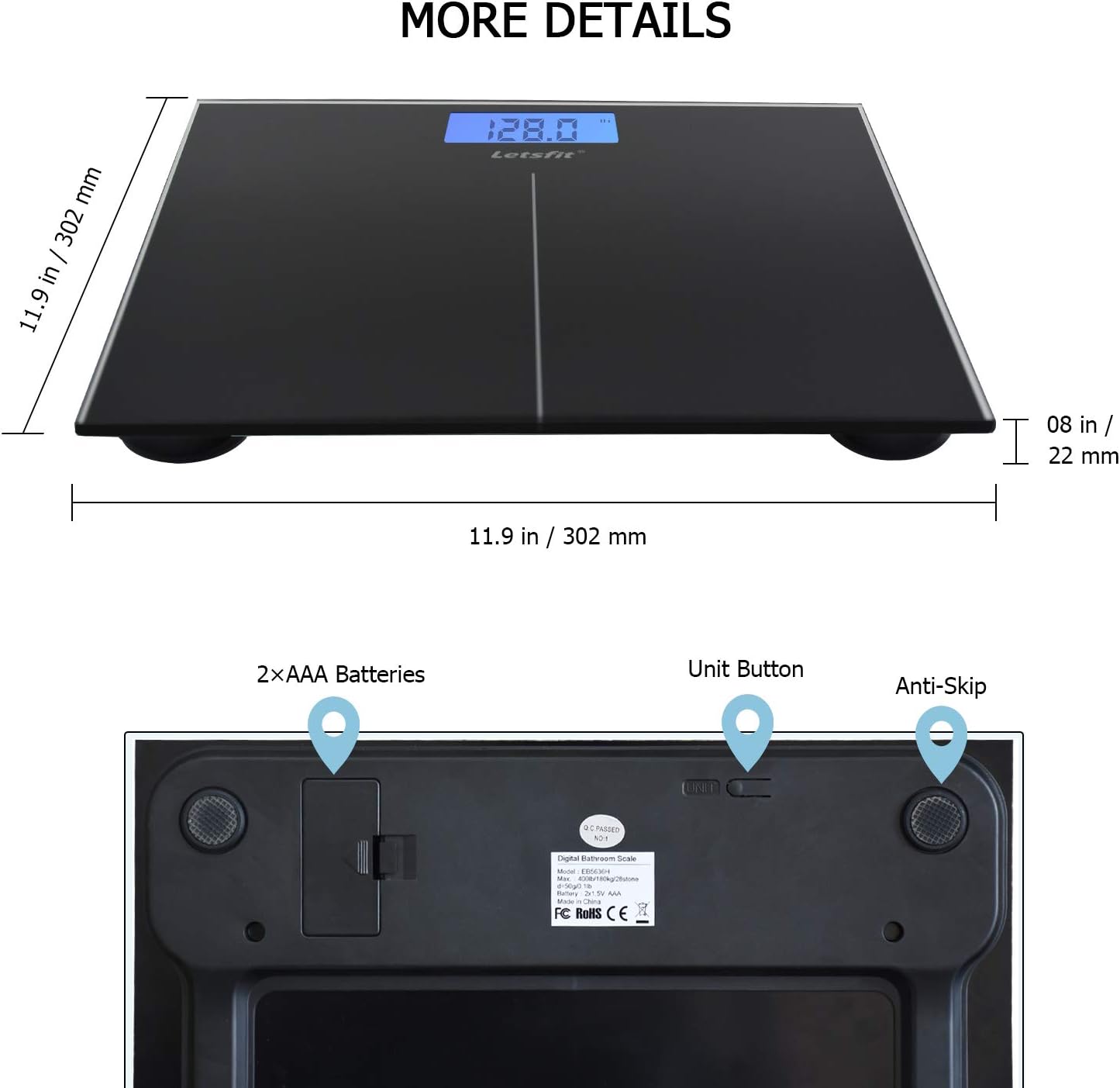 Letsfit Digital Body Weight Scale, Bathroom Scale with Large Backlit Display, Step-On Technology, High accuracy 0.1lb, 400 Pounds Max, 6mm Ultra Slim Design, Included Body Tape Measure: Health & Personal Care