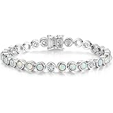 FANCIME 925 Sterling Silver Tennis Bracelet Round Opal Turquoise Cabochon-Cut 4mm Gemstone Bracelet Fine Jewelry Birthday Gifts for Women Mom Wife Her 7"